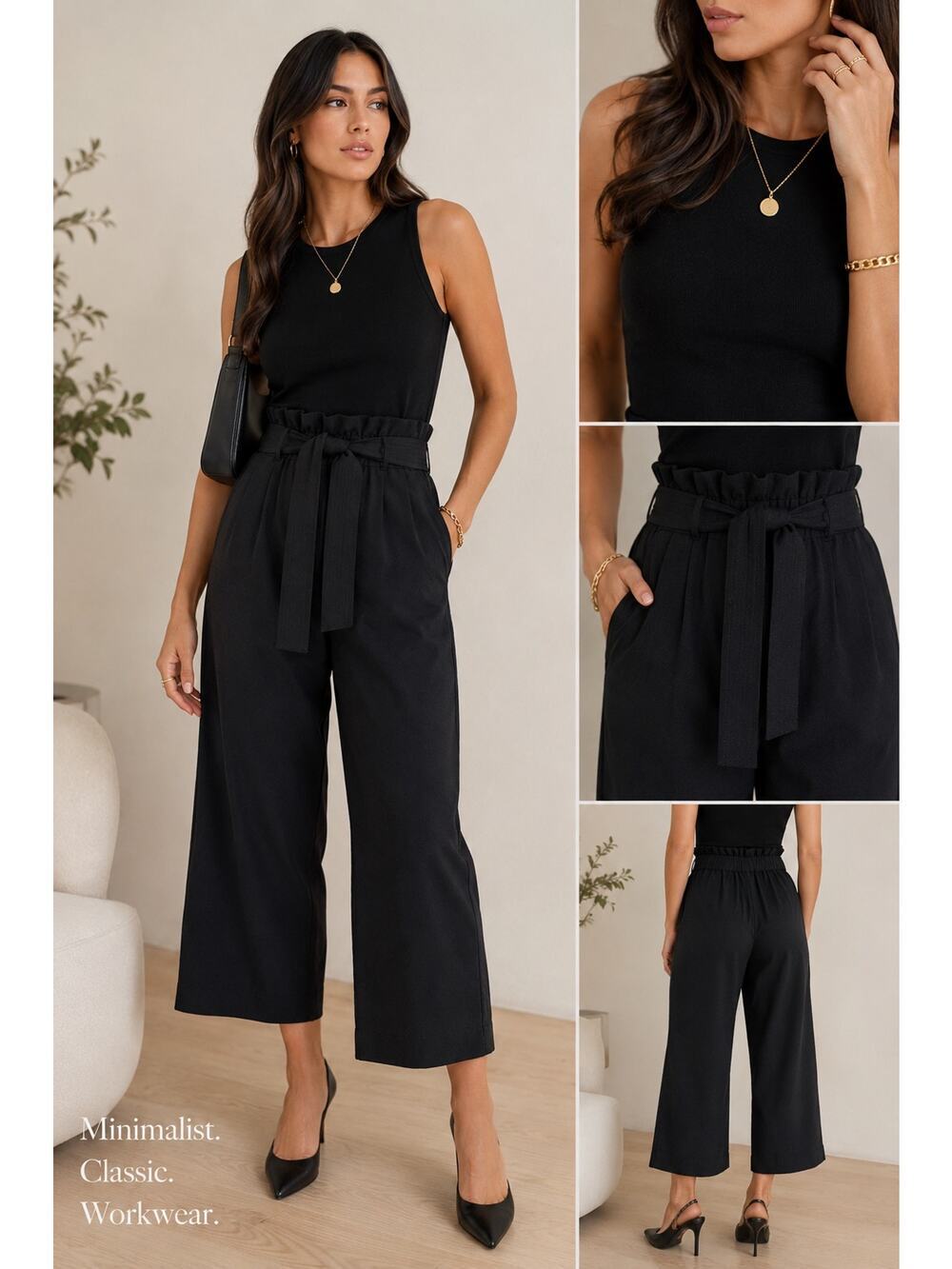 Madewell Paperbag Waist Wide Leg Crop Pants Black Tie Belt High Rise Culottes M